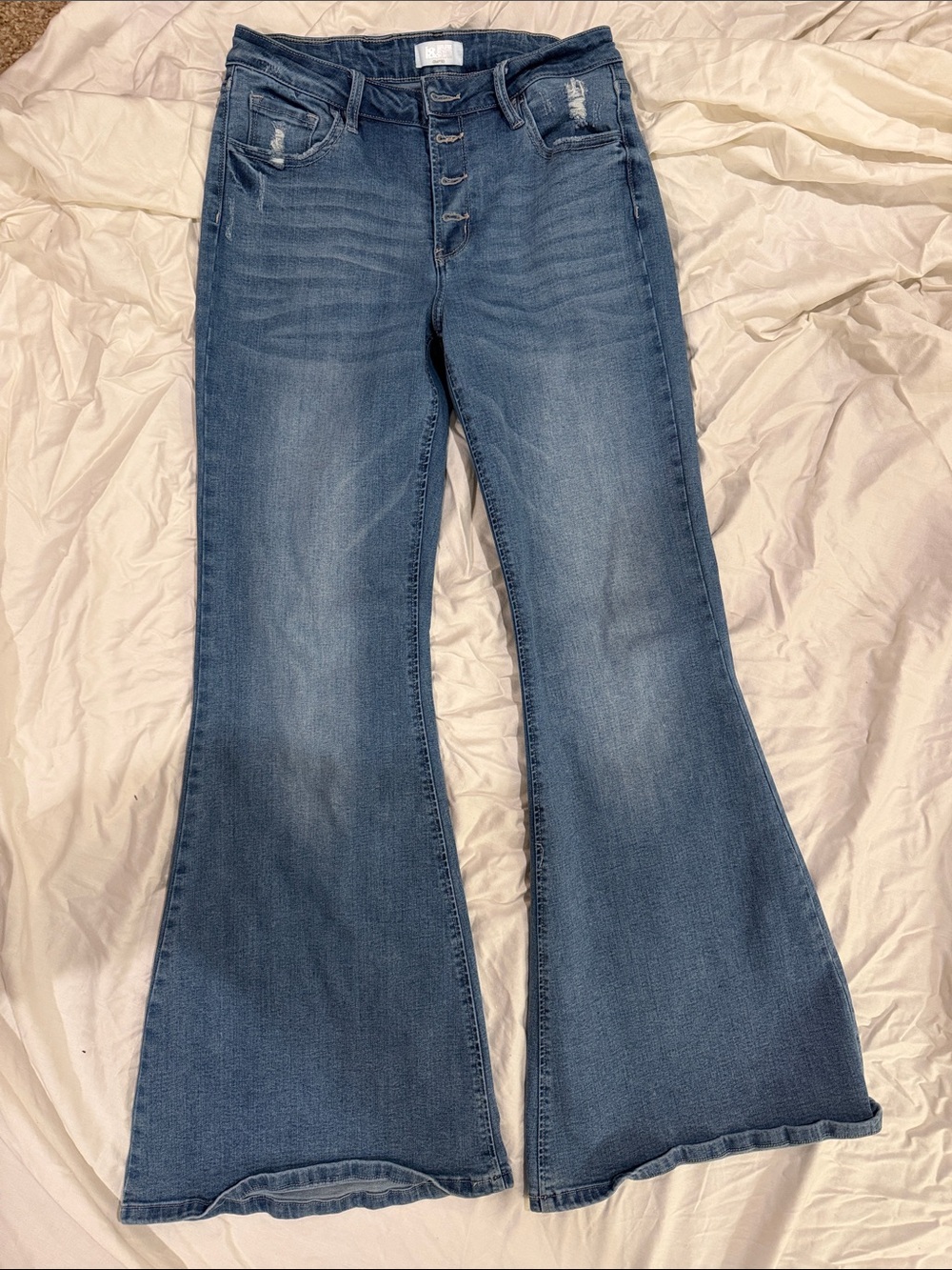 High-Rise Button-Fly Flare Jeans in Medium Blue